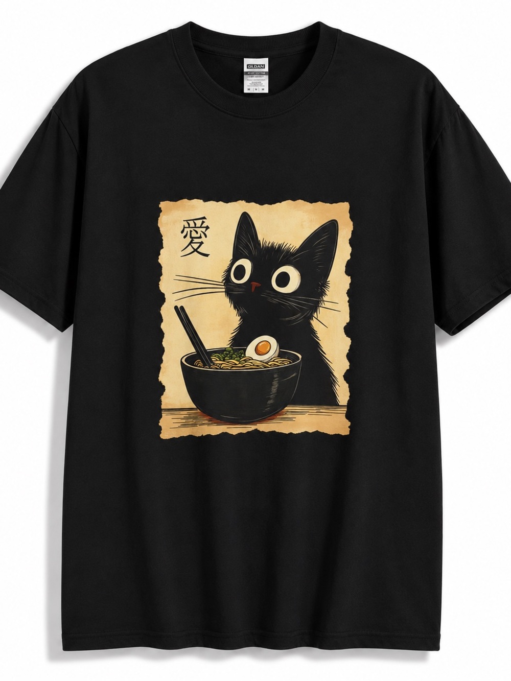 Gildan Black Tee with Cute Black Cat Ramen Illustration